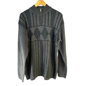 VTG Crazy Horse Liz Claiborne Argyle Quarter Zip Ribbed Knit Sweater Gray XL